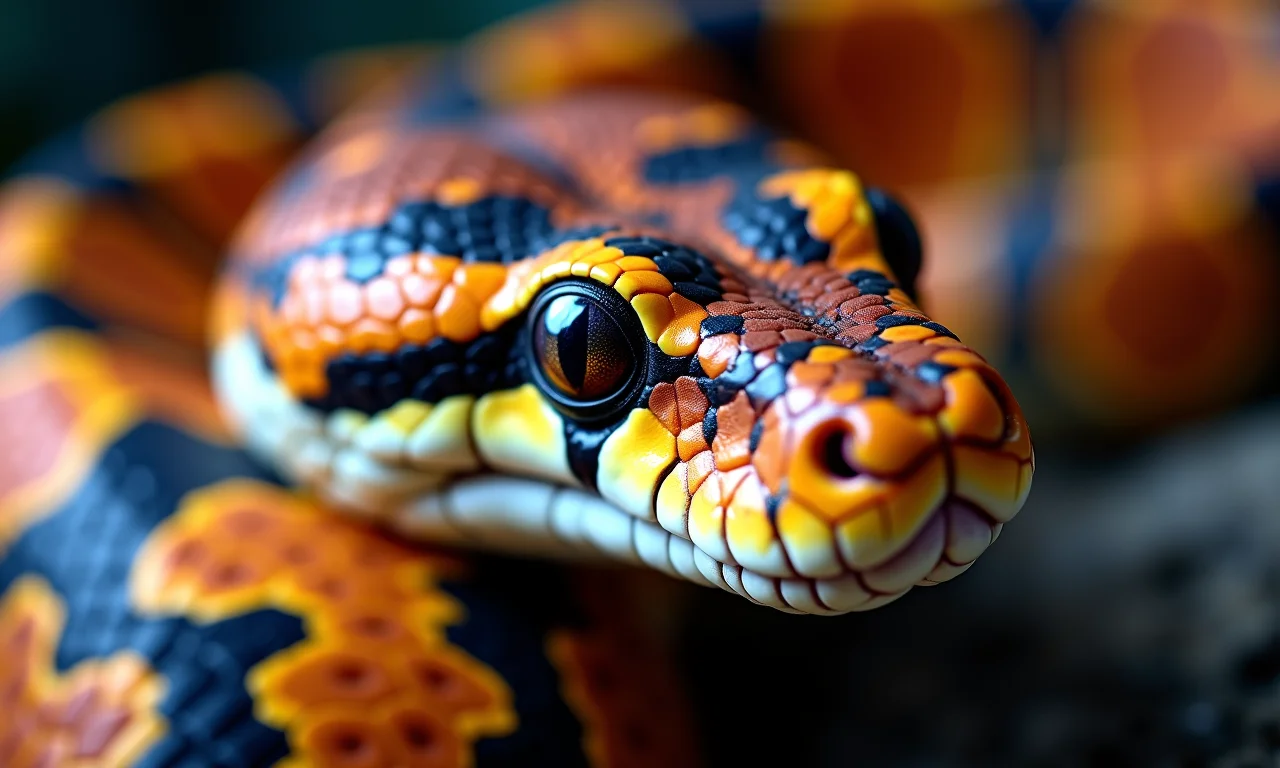 Pele de cobra colorida com padrões complexos, simbolizando a importância de prestar atenção aos detalhes e nuances.
