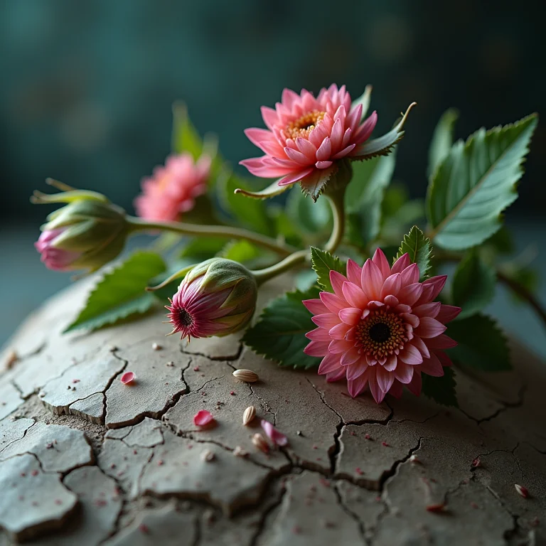 Pele rachada com flores murchando crescendo dela: símbolo de problemas de pele.
