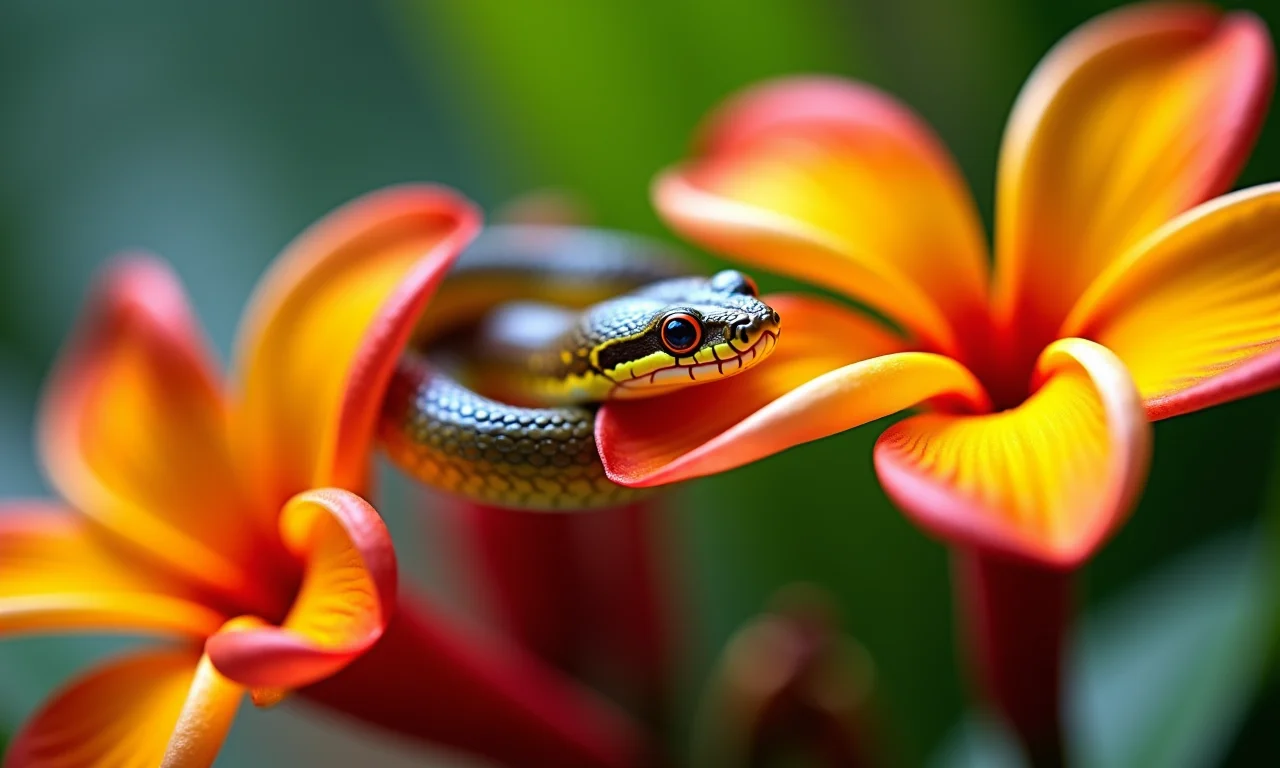 Pequenas cobras coloridas rastejando entre flores tropicais, representando preocupações menores e desafios superáveis.