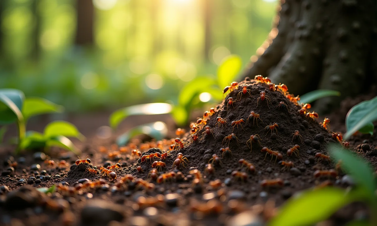 Pequeno formigueiro na base de uma árvore.