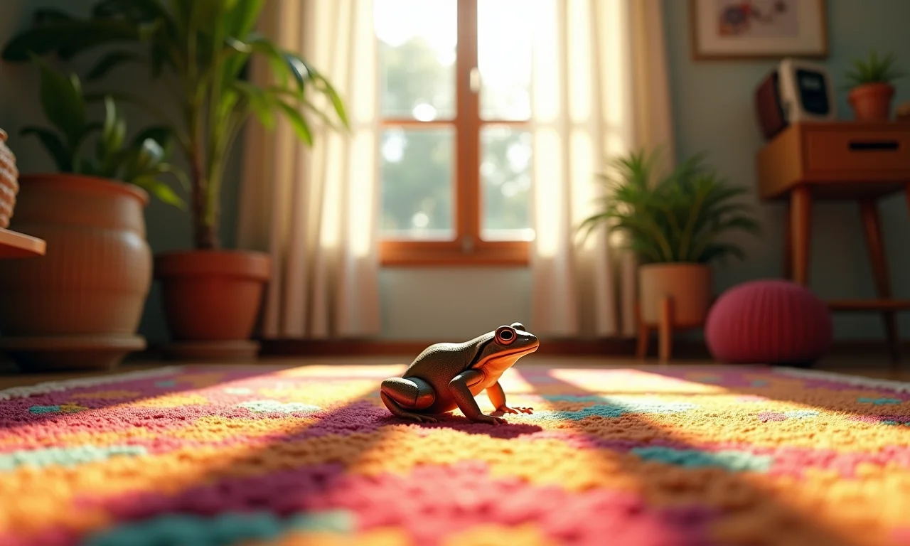 Pequeno sapo em tapete colorido em uma sala de estar aconchegante com decoração brasileira.