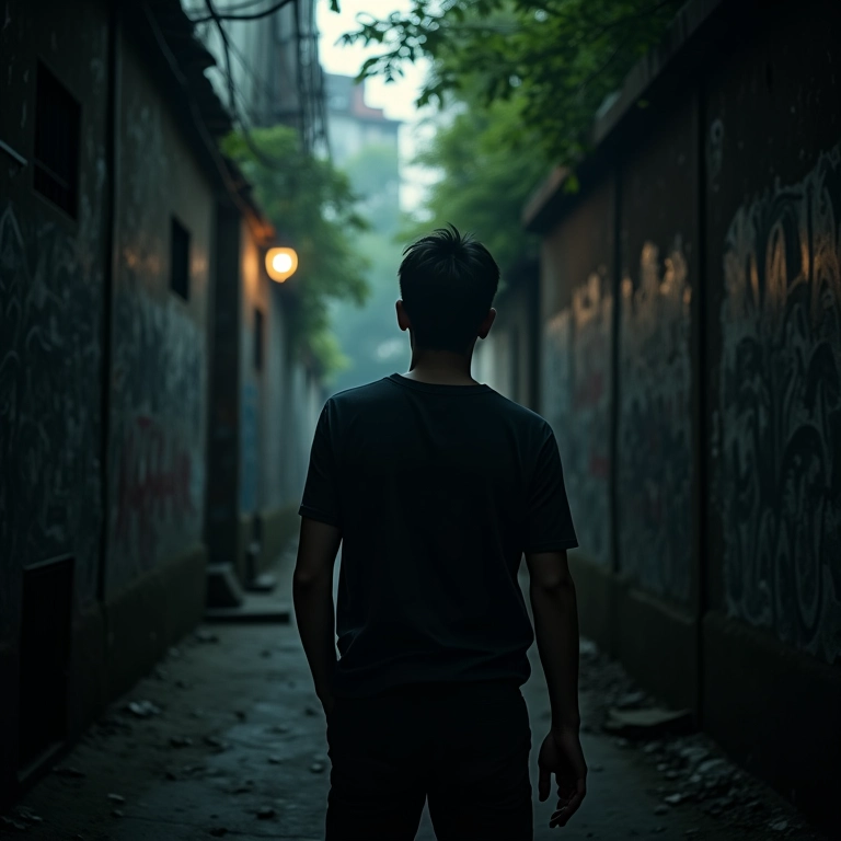 Pessoa amedrontada olhando para trás em beco escuro.