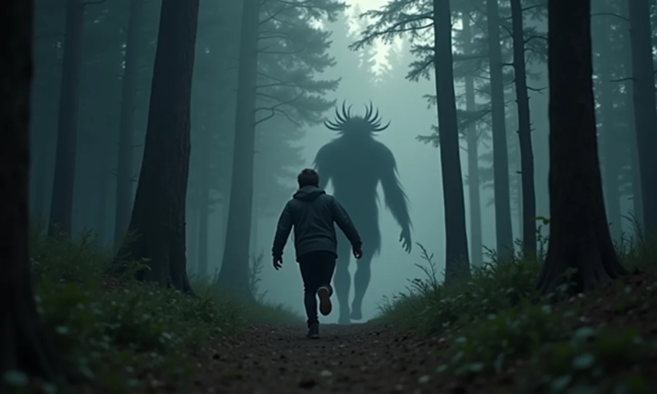 Pessoa aterrorizada foge de um Wendigo na floresta.