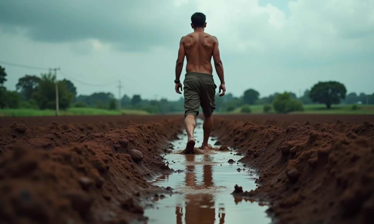 Pessoa atolada até os joelhos em lama escura, lutando para avançar.