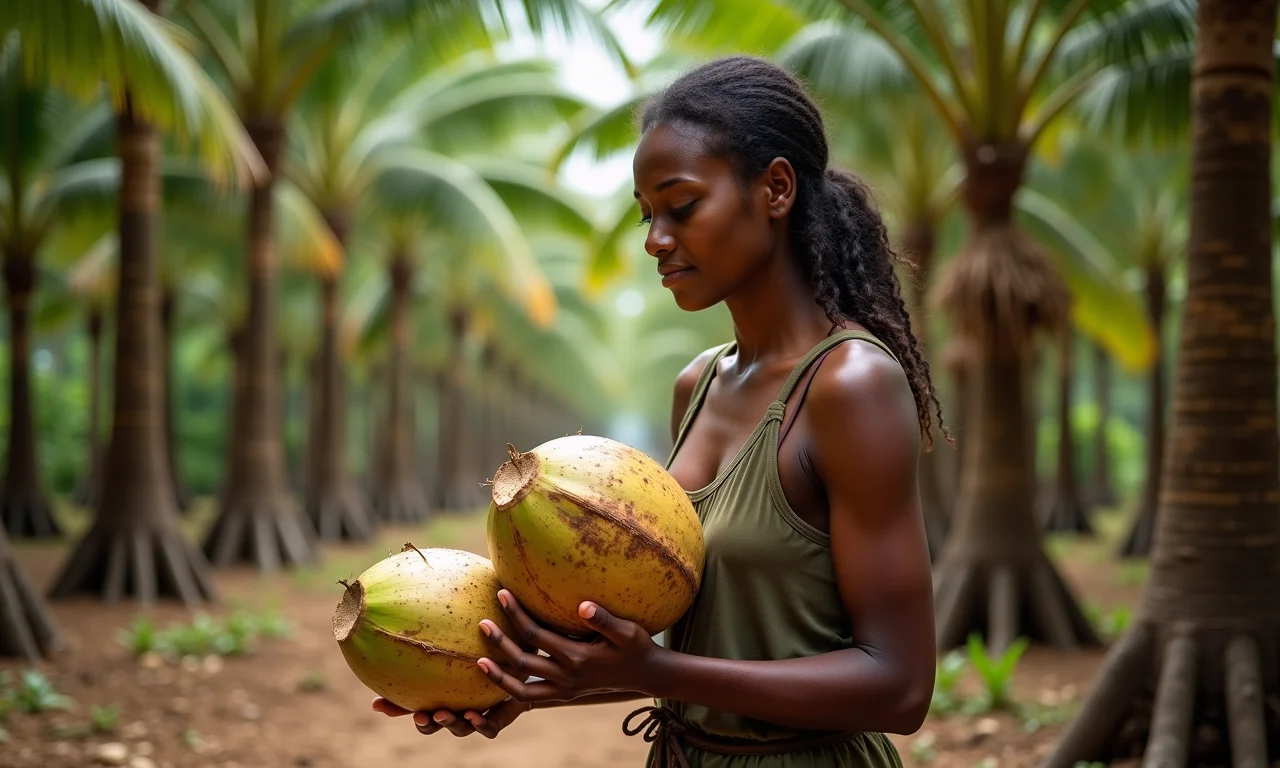 Pessoa colhendo cocos em palmeiral brasileiro exuberante.