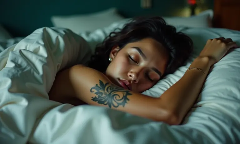 Pessoa dormindo com tatuagem yakuza, representando sonhos com a máfia japonesa.