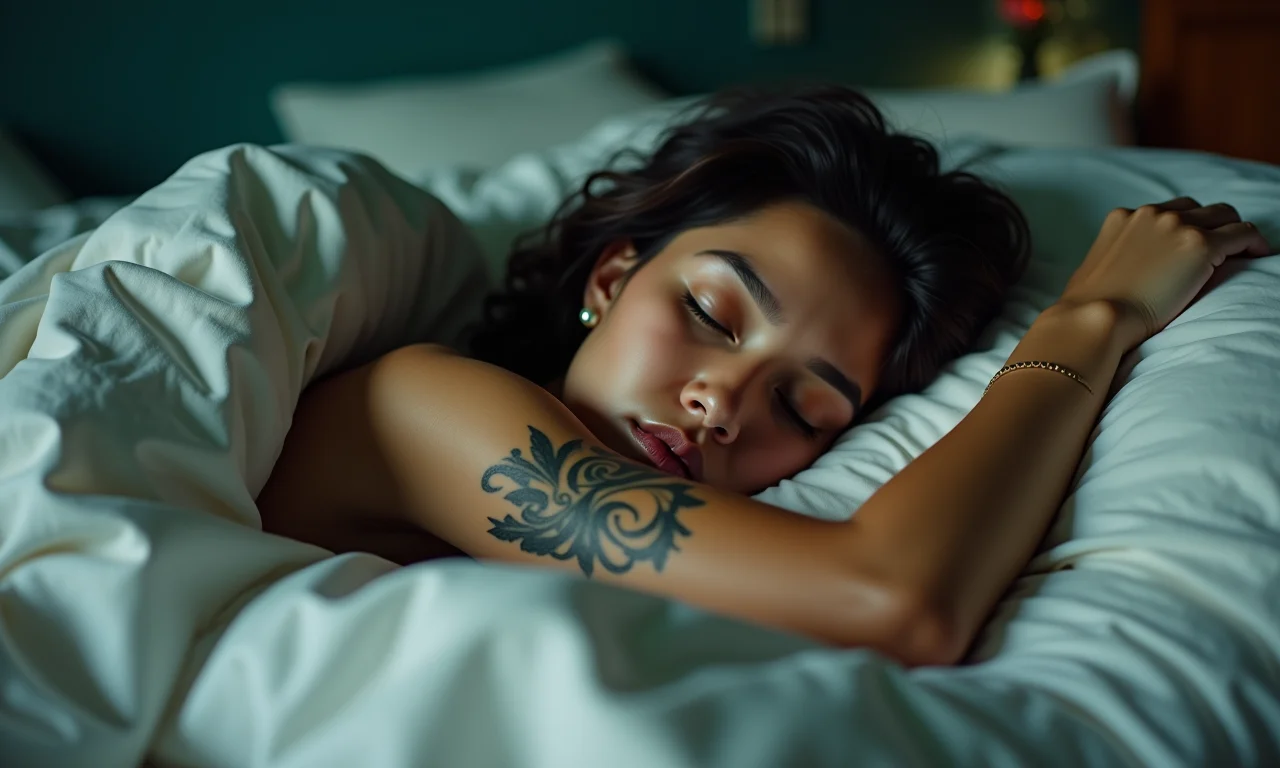 Pessoa dormindo com tatuagem yakuza, representando sonhos com a máfia japonesa.