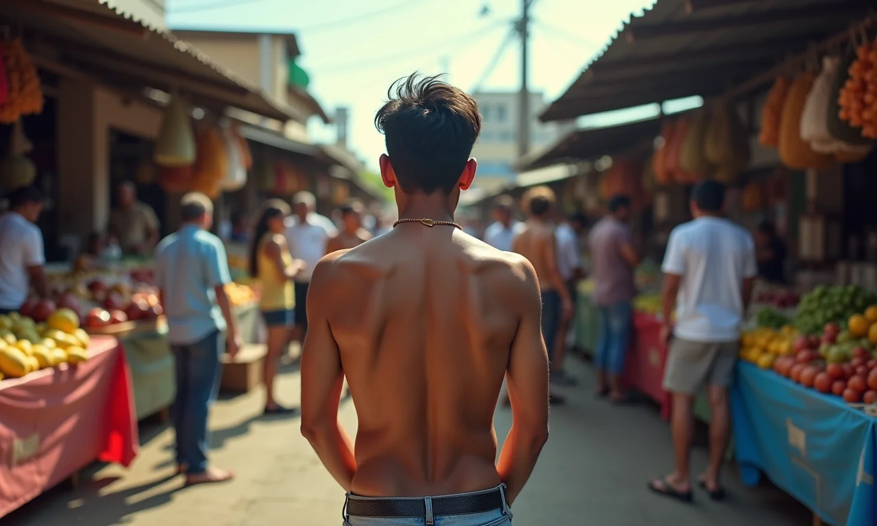 Pessoa em pânico no meio de um mercado lotado, representando o sonho de urinar em público.