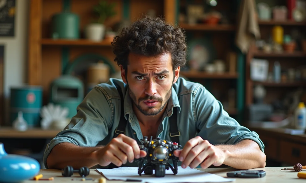 Pessoa frustrada tentando montar dispositivo alienígena complexo.