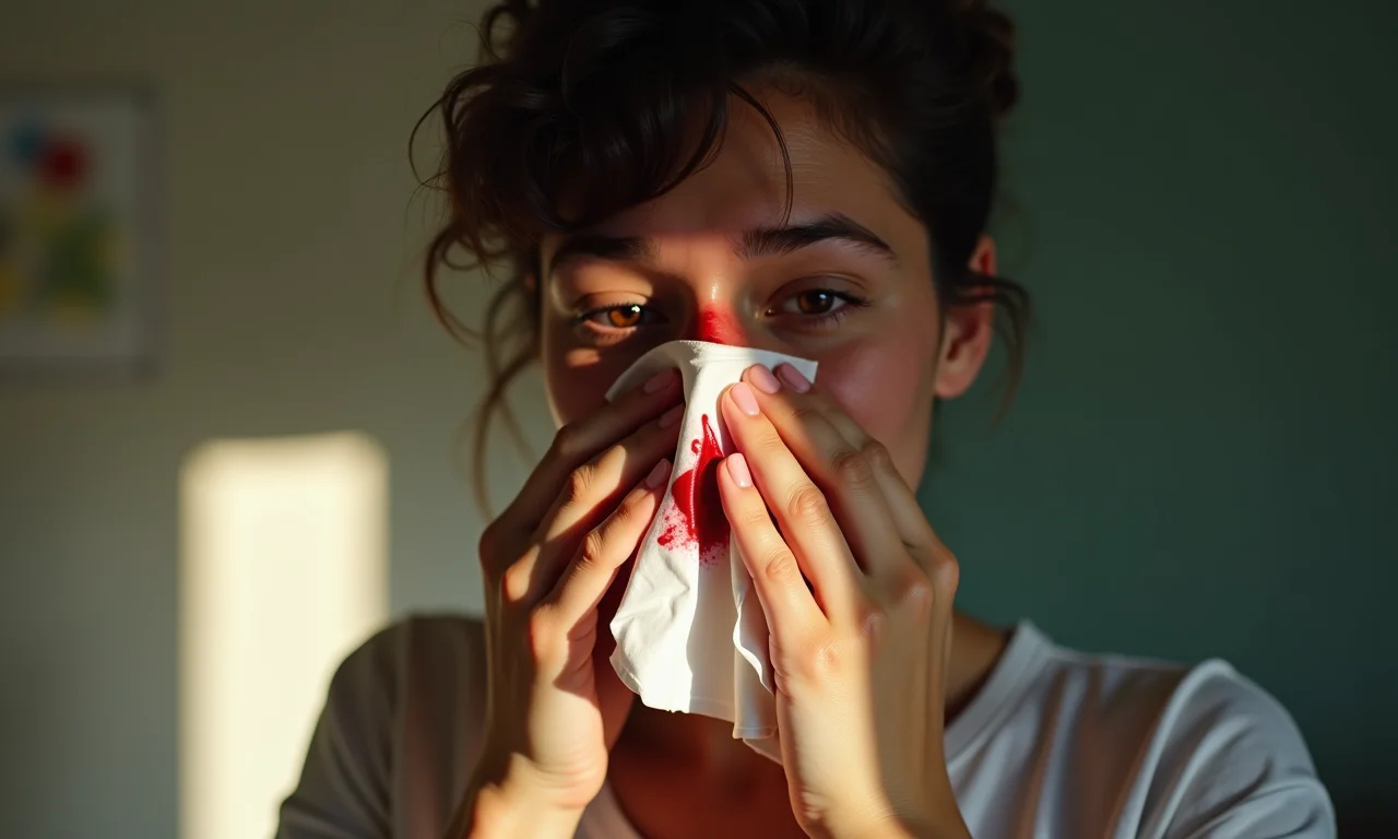 Pessoa limpando grande quantidade de sangue do nariz com um lenço, com expressão de sofrimento.