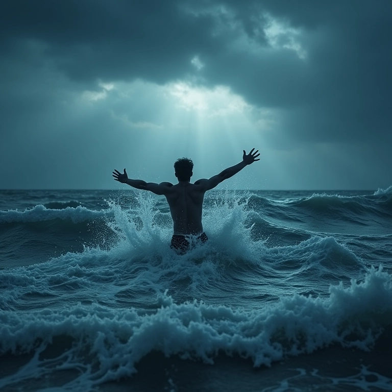 Pessoa lutando contra as ondas em um mar agitado, representando um sonho de afogamento.