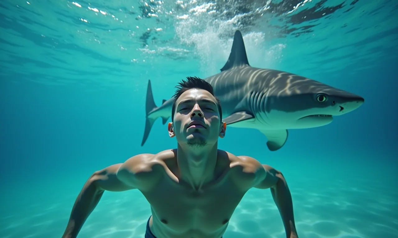 Pessoa nadando calmamente perto de um tubarão, simbolizando a proximidade de perigos.