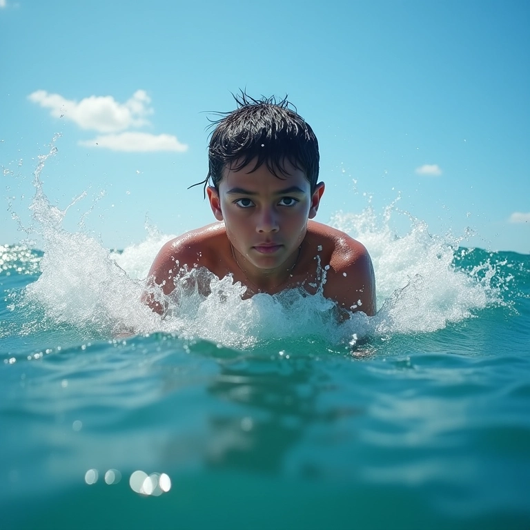 Pessoa nadando em mar agitado e claro, demonstrando superação de desafios.
