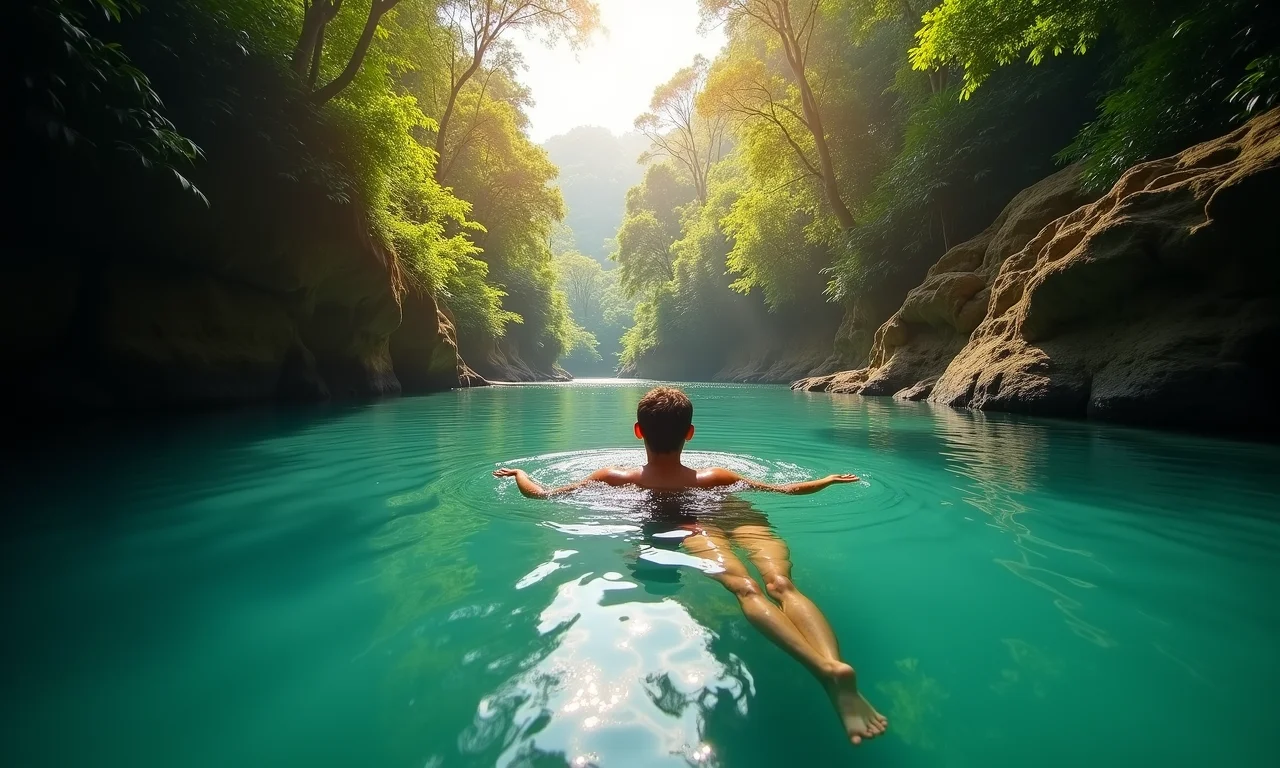 Pessoa nadando em rio de água cristalina em meio à floresta tropical.