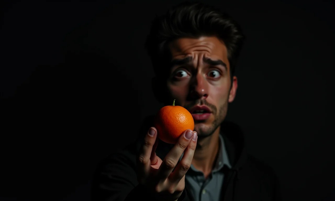 Pessoa preocupada olhando para uma laranja roubada.