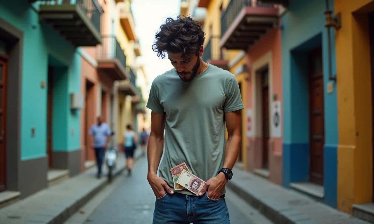 Pessoa procurando dinheiro nos bolsos após perder notas de 100.