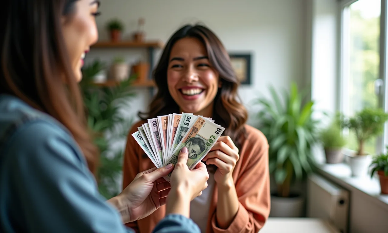 Pessoa recebendo notas de 100, simbolizando ganhos financeiros.