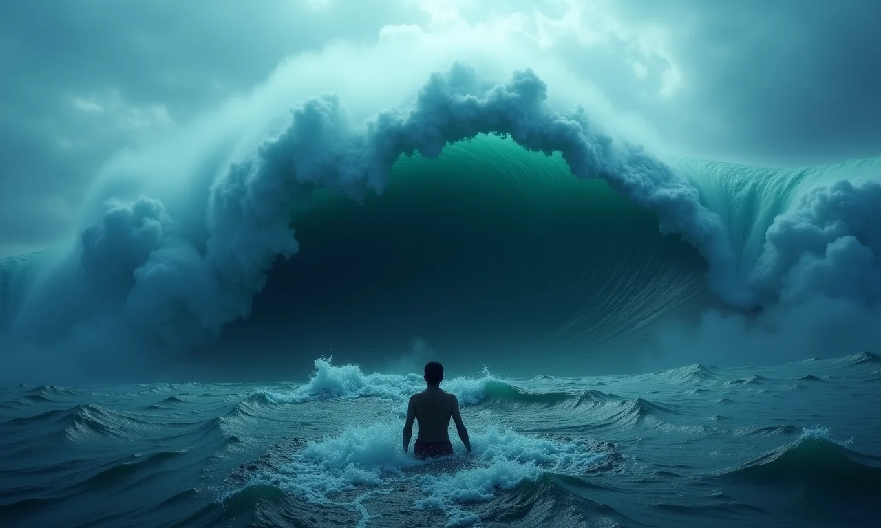 Pessoa se afogando em onda gigante, representando medo e insegurança.