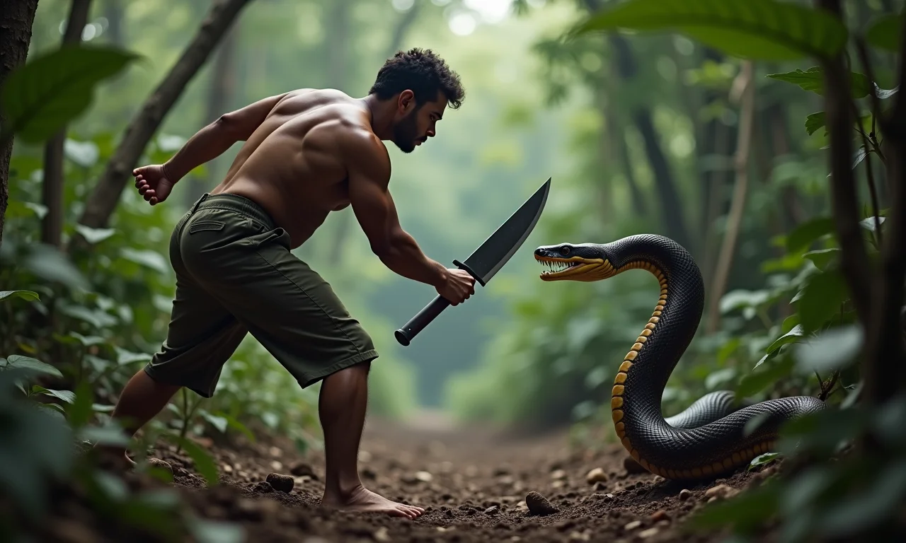 Pessoa se defendendo corajosamente de um ataque de cobra com um facão.