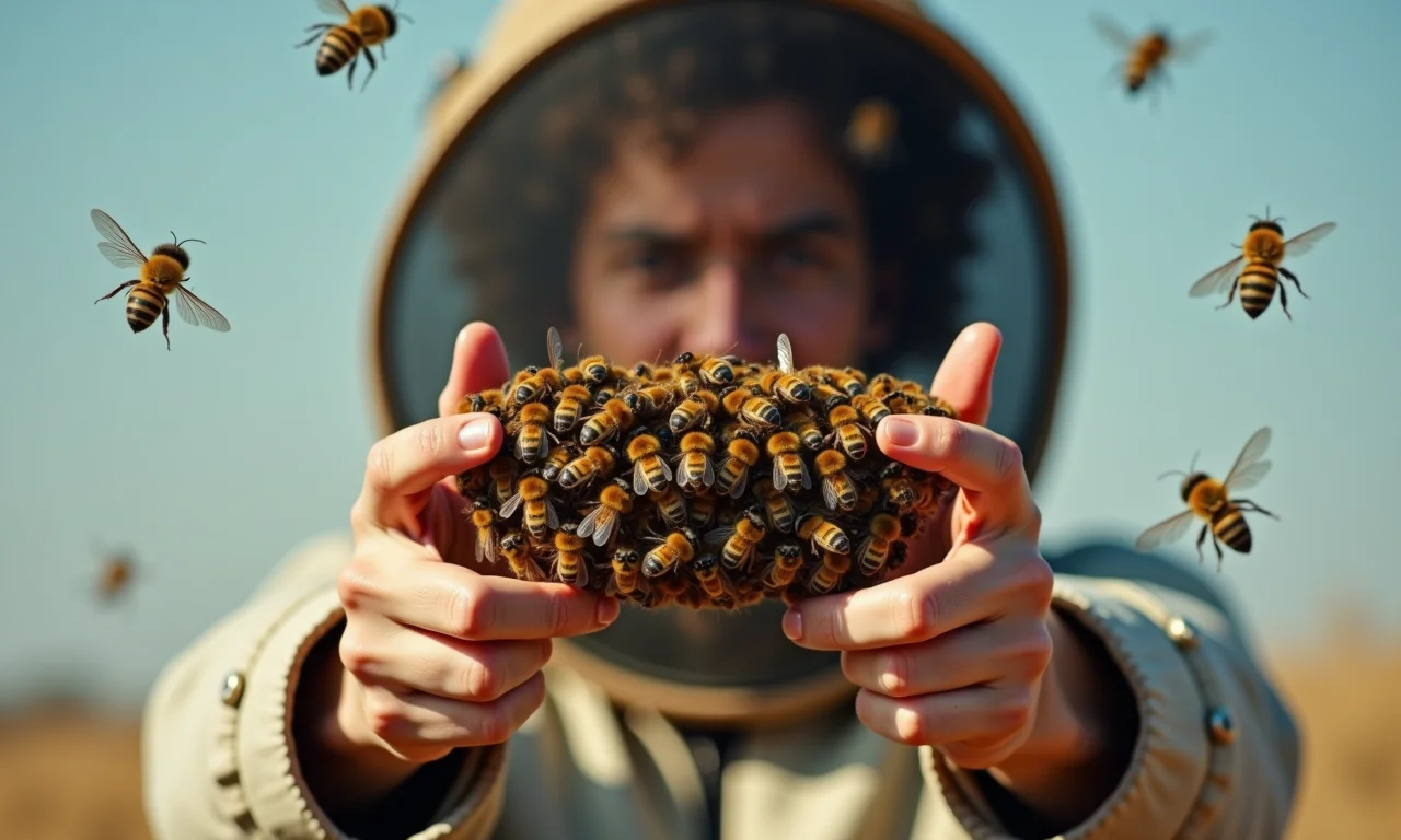 Pessoa se protegendo de um enxame de abelhas, simbolizando medo de perder o controle.