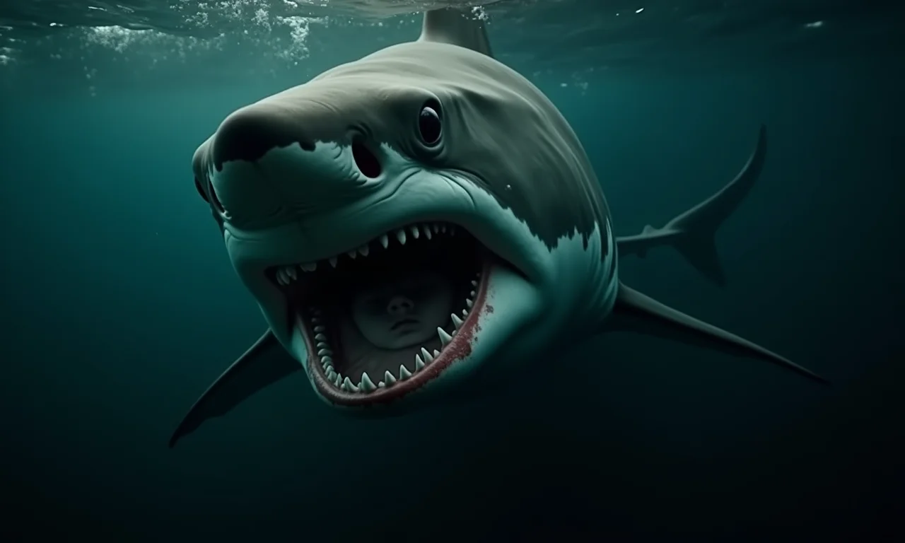 Pessoa sendo atacada por um tubarão em sonho, representando medo e vulnerabilidade.