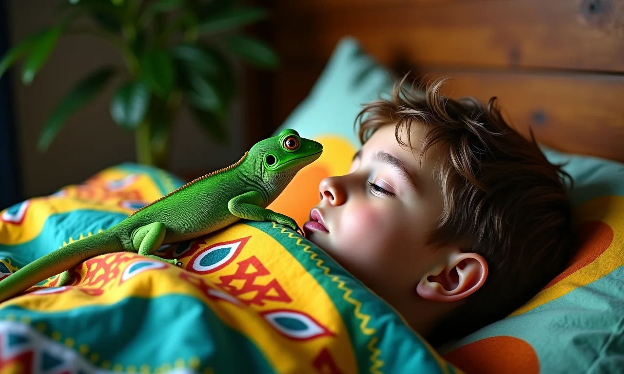 Pessoa sonhando com um lagarto verde vibrante.