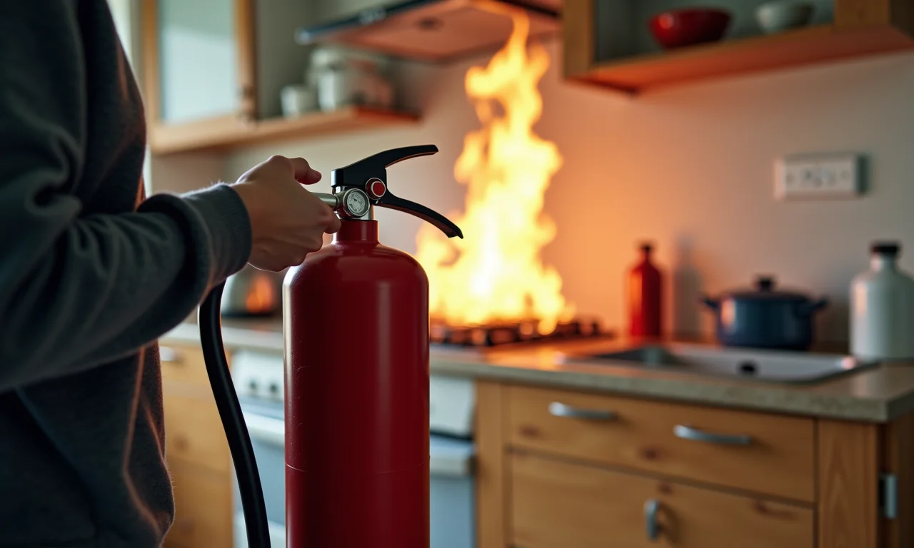 Pessoa usando um extintor de incêndio para apagar um pequeno incêndio na cozinha, demonstrando controle.