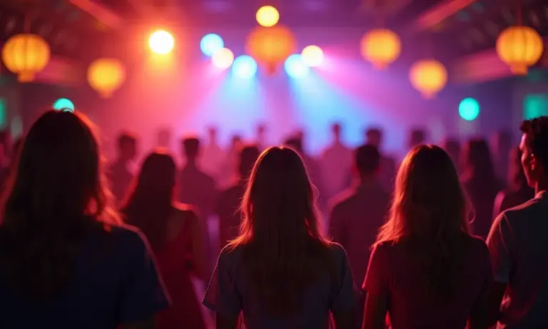 Pessoas cantando em um karaokê vibrante, representando sonhos e diversão.