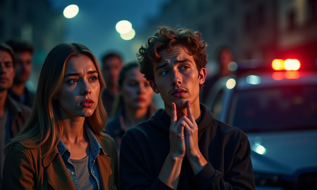 Pessoas com expressões confusas e luzes de polícia ao fundo, representando o significado de sonhar com polícia.