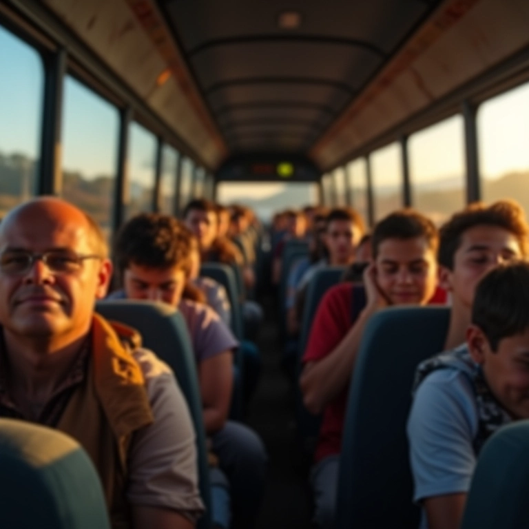 Pessoas dormindo em um ônibus durante uma viagem, cansadas mas felizes.