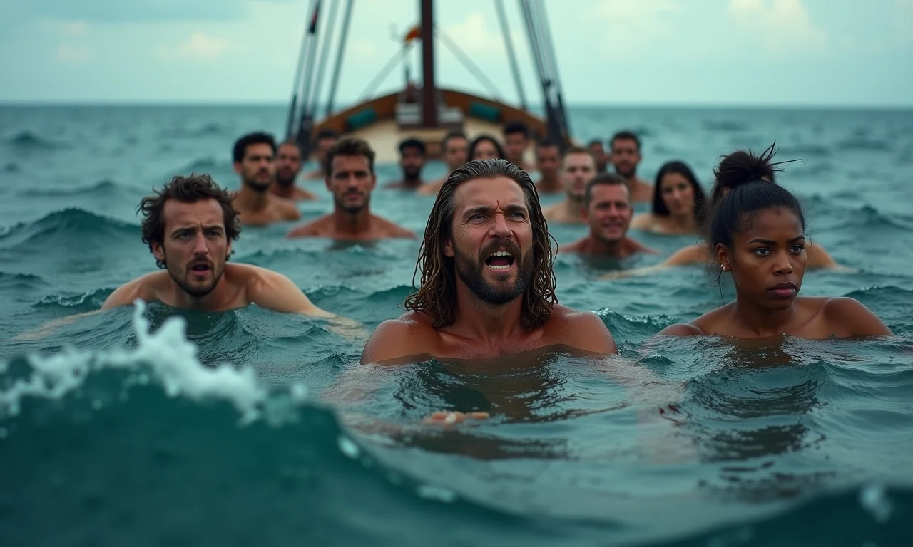 Pessoas lutando para sobreviver ao naufrágio de um navio.