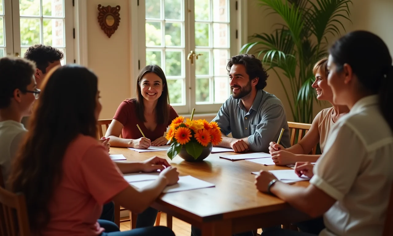Pessoas reunidas em casa brasileira discutindo herança em um ambiente acolhedor e iluminado.