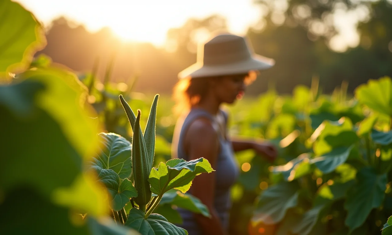 Plantação de quiabo exuberante com mulher colhendo, representando o sonho com plantação.