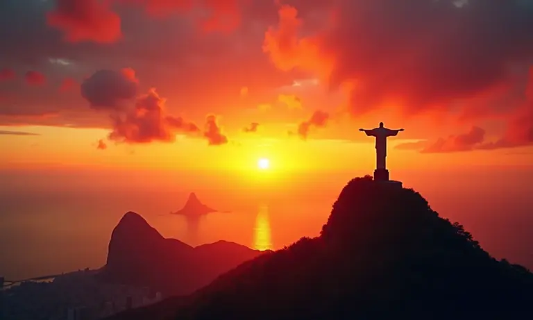 Pôr do sol dramático no Rio com o Cristo Redentor, simbolizando o fim do mundo e mudanças.