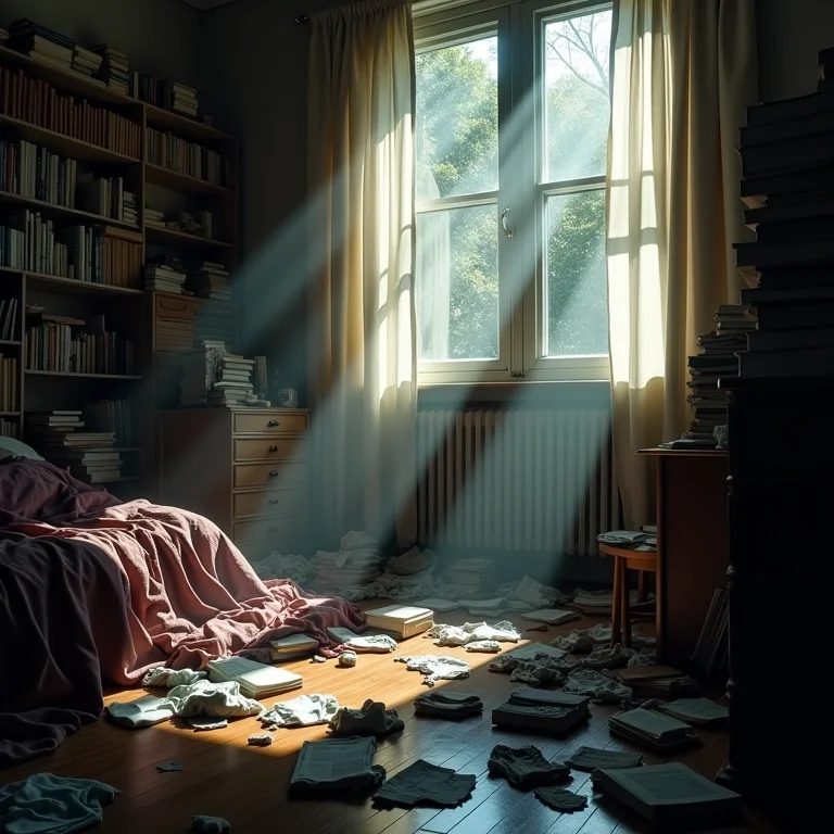 Quarto bagunçado e caótico, refletindo turbulência interior e falta de organização.