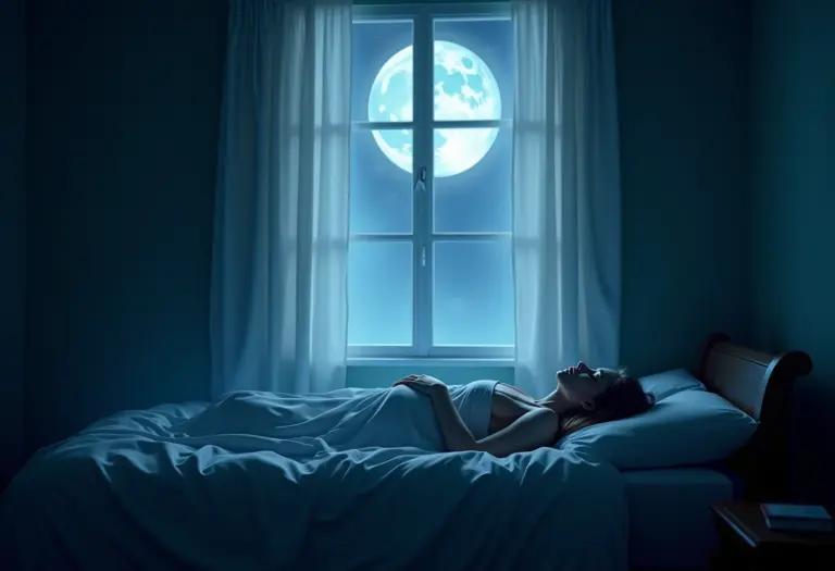 Quarto onírico com luz da lua e figura adormecida, representando o subconsciente.
