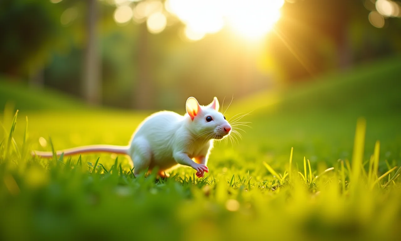 Rato branco correndo em um campo, simbolizando liberdade e novas oportunidades.