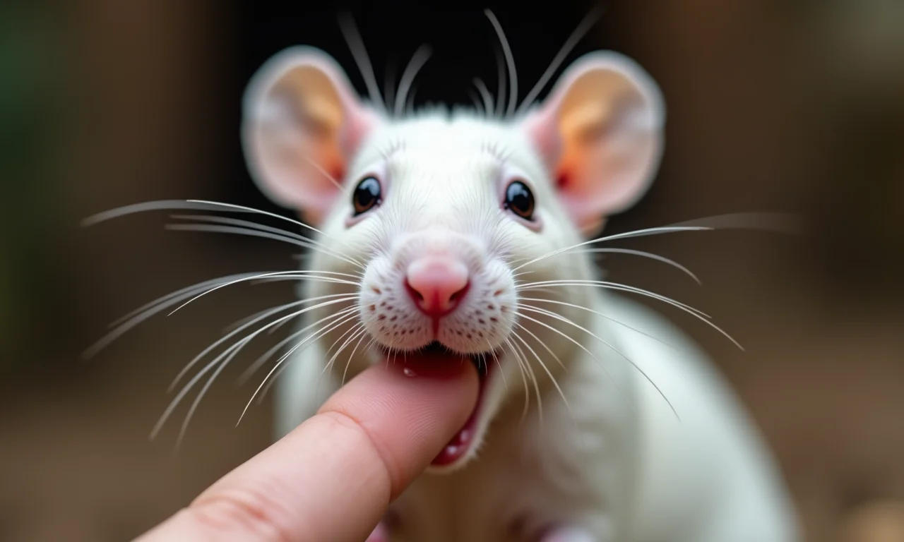 Rato branco mordendo um dedo, um alerta para prestar atenção em algo.