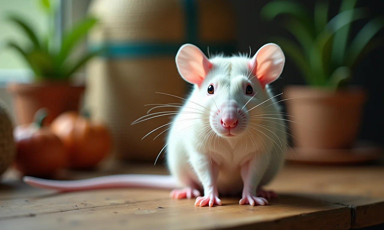 Rato branco parado em uma mesa de madeira, simbolizando reflexão e calmaria.