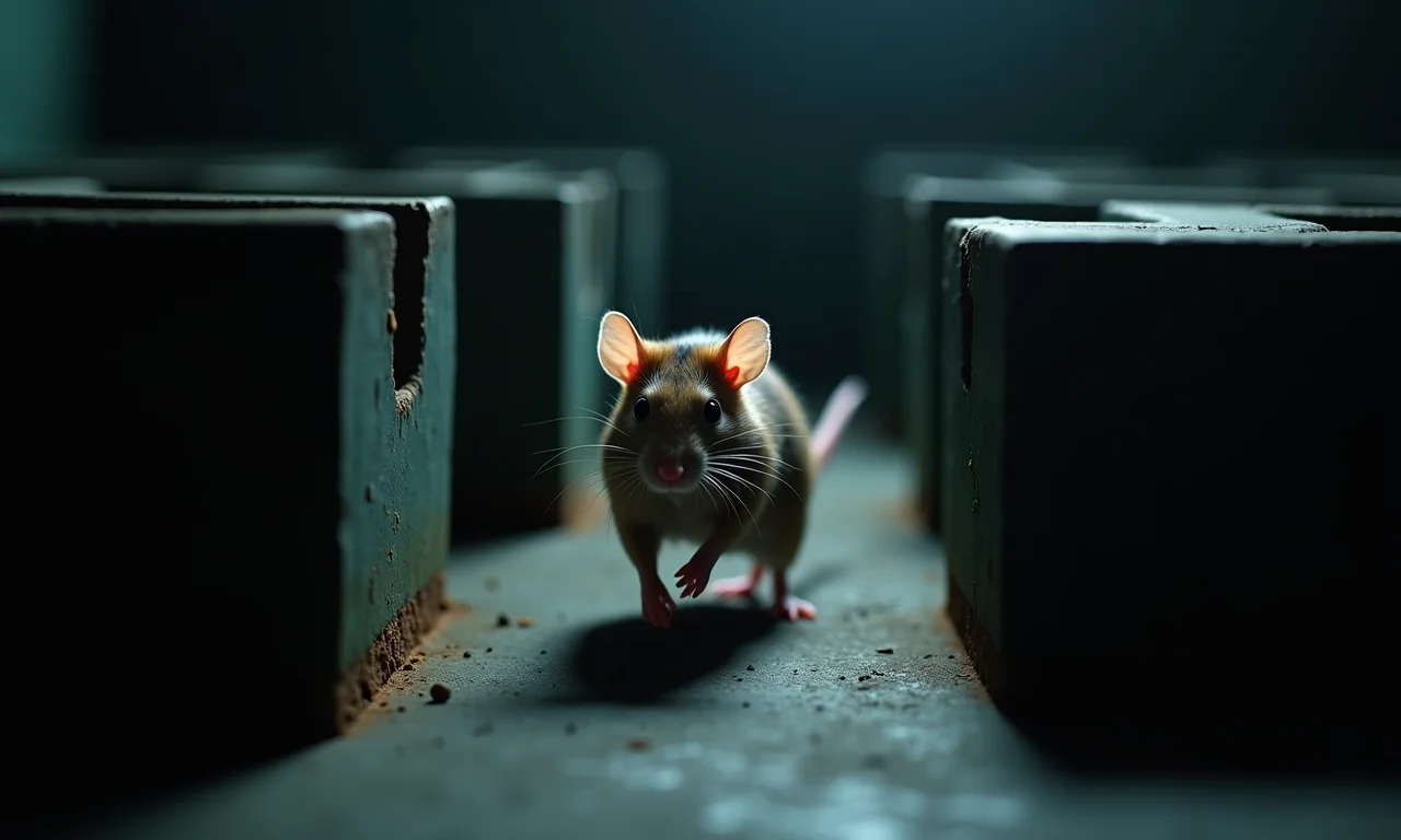 Rato correndo em um labirinto escuro e complexo.