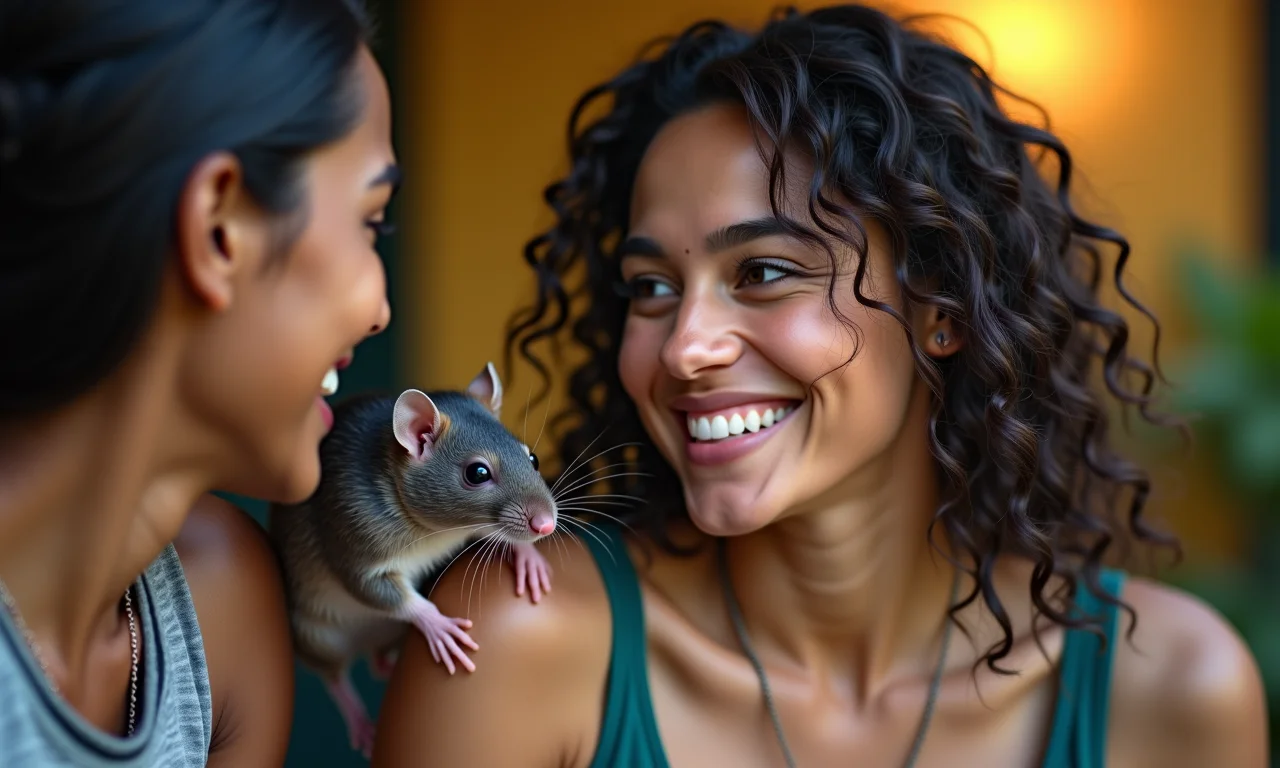Rato espreitando perto de mulher sorrindo, simbolizando inveja e falsidade.
