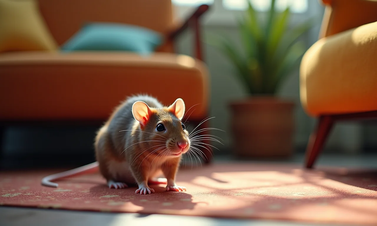 Rato marrom farejando em sala de estar brasileira aconchegante.