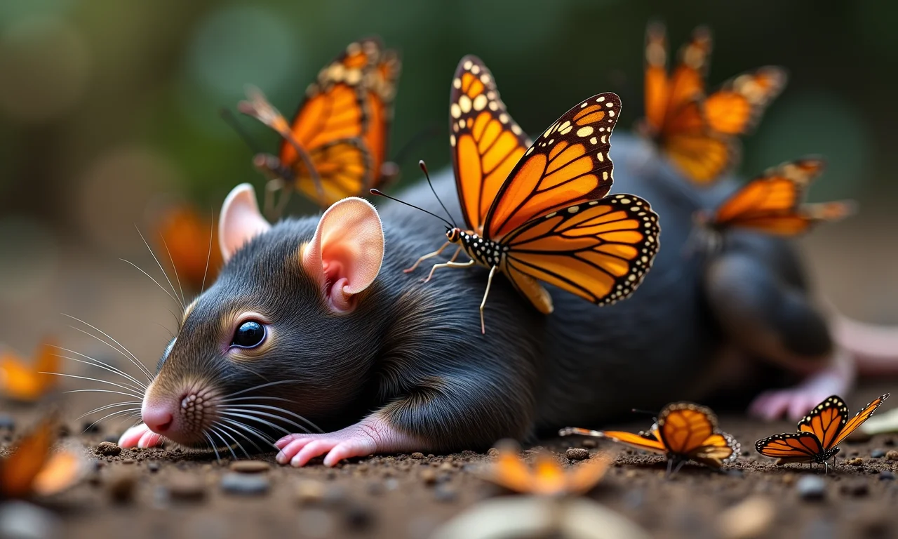 Rato morto se transformando em borboletas, representando transformação interna.