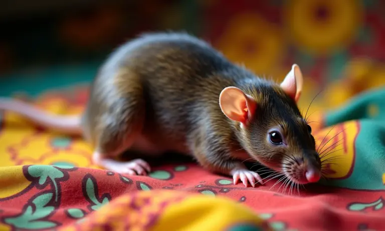 Rato morto sobre tecido colorido, simbolizando fim de problemas.