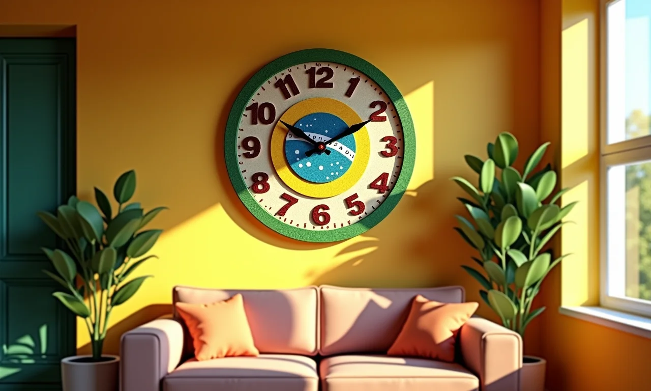 Relógio de parede vibrante em sala de estar ensolarada com motivos brasileiros.