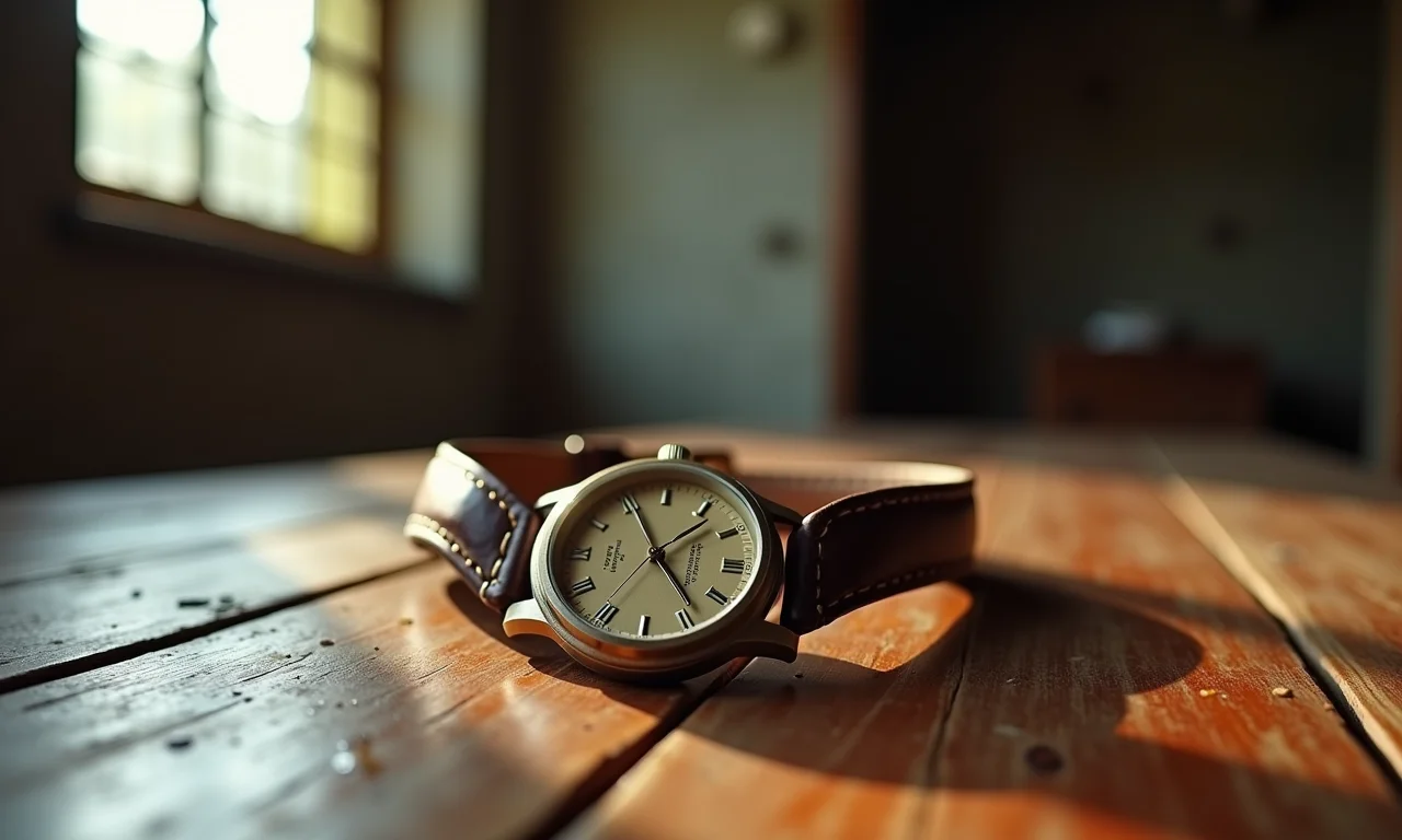 Relógio de pulso quebrado sobre uma mesa de madeira rústica.