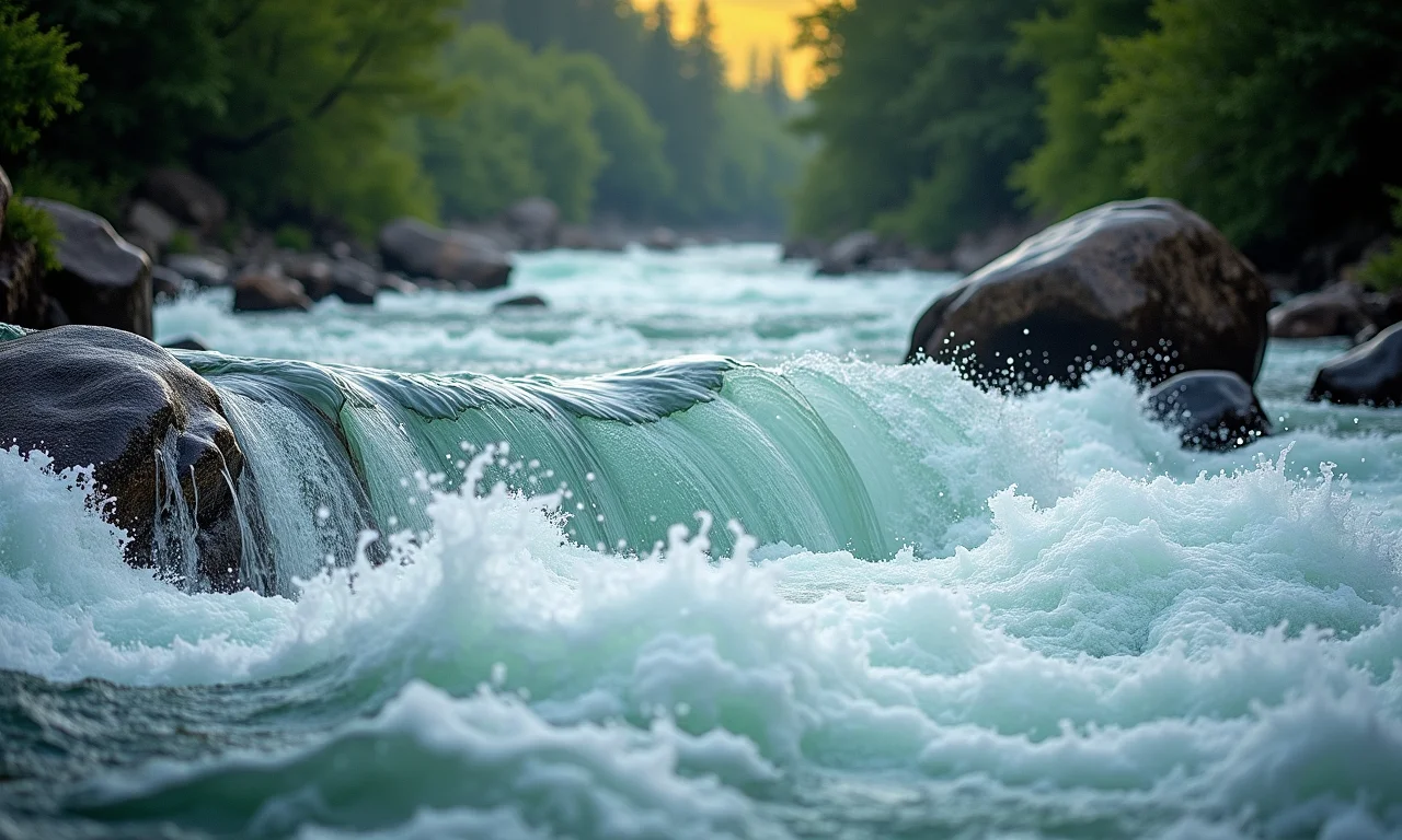 Rio agitado e cheio com corredeiras, representando emoções intensas.