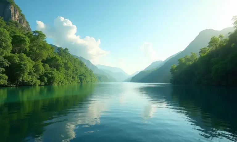 Rio cheio com céu refletido, representando sonhos e abundância.