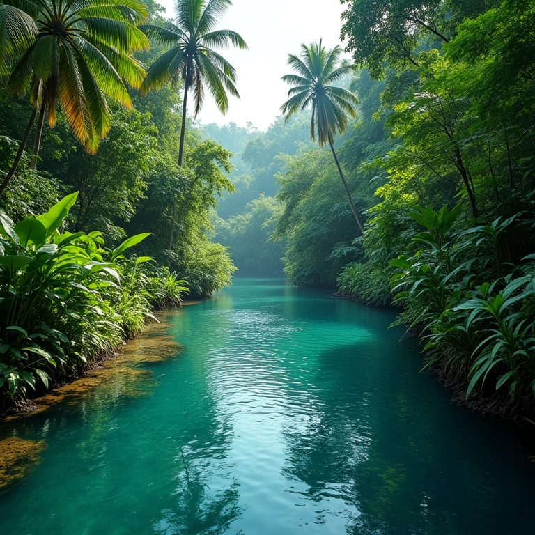 Rio de água cristalina serpenteando pela floresta amazônica exuberante.