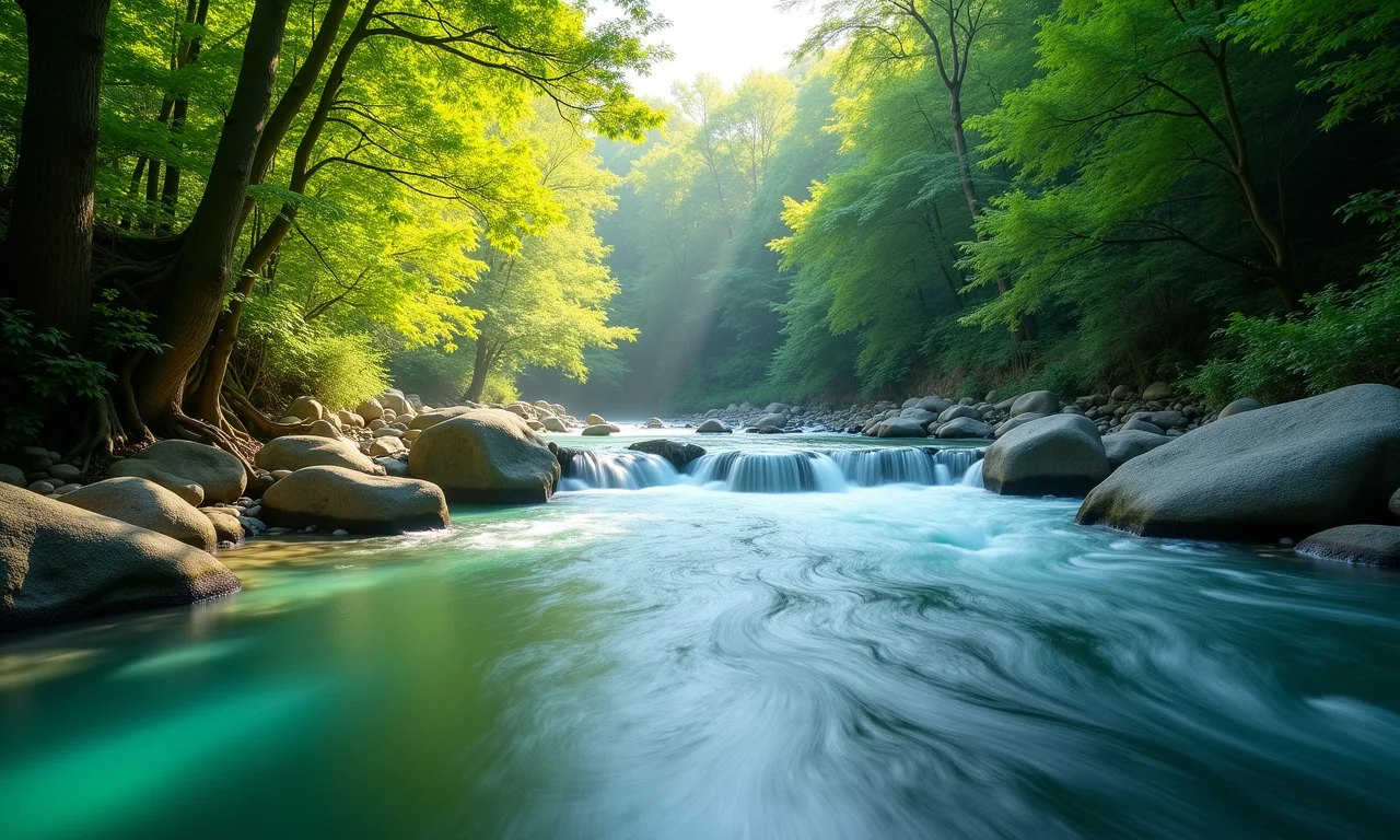 Rio de água limpa e corrente serpenteando por floresta exuberante.